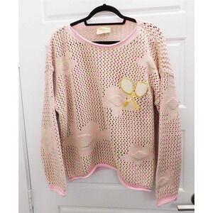 Judith‎ March Pink Crochet Tennis Court Long Sleeve Sweater sz M